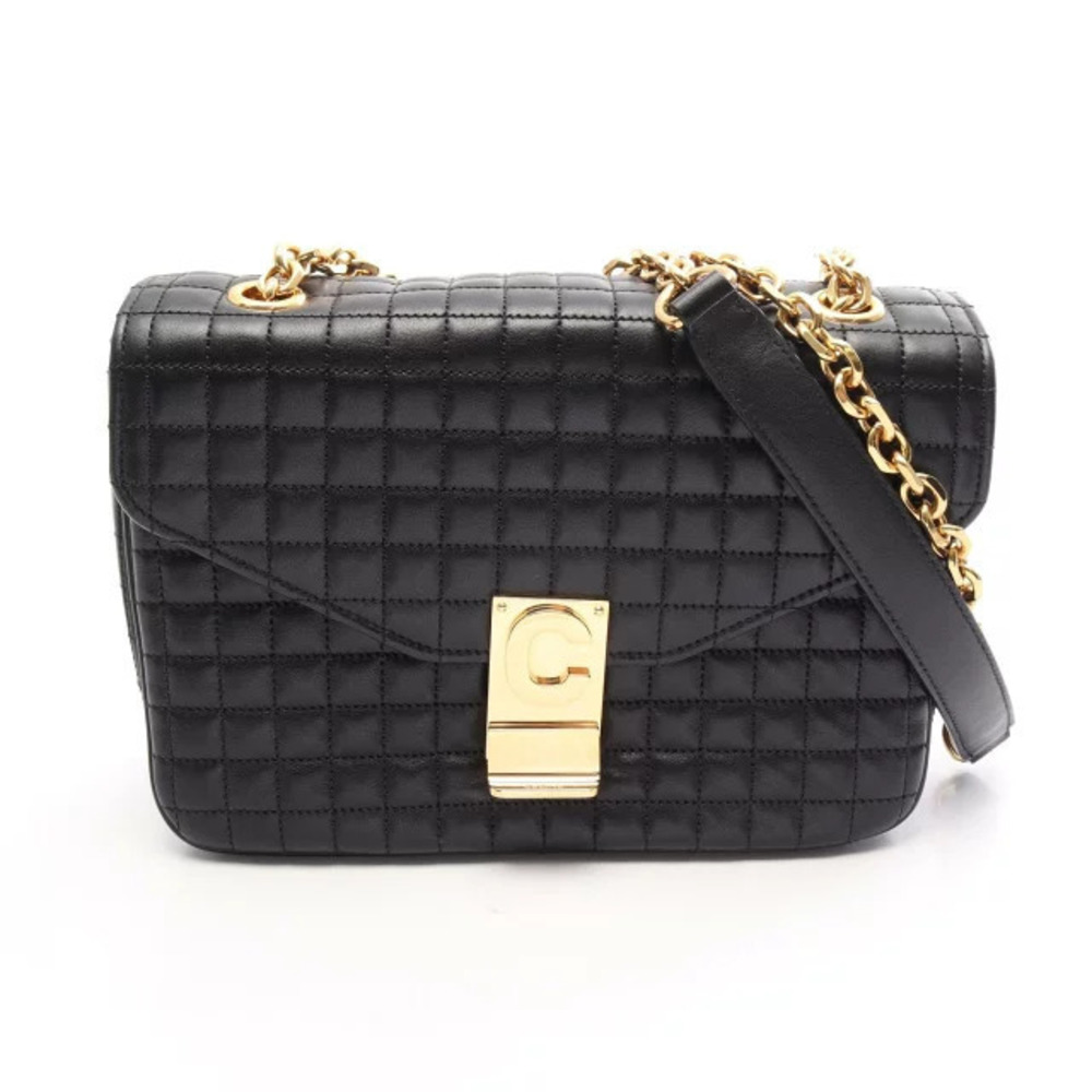 Celine Quilted Leather Shoulder Bag Chain Strap Clasp Black